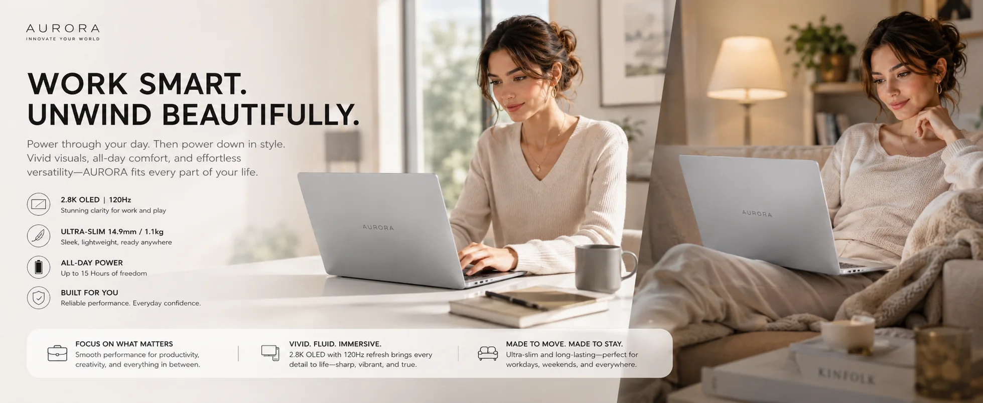 WORK SMART. UNWIND BEAUTIFULLY. 轻薄笔记本 A+ 视觉